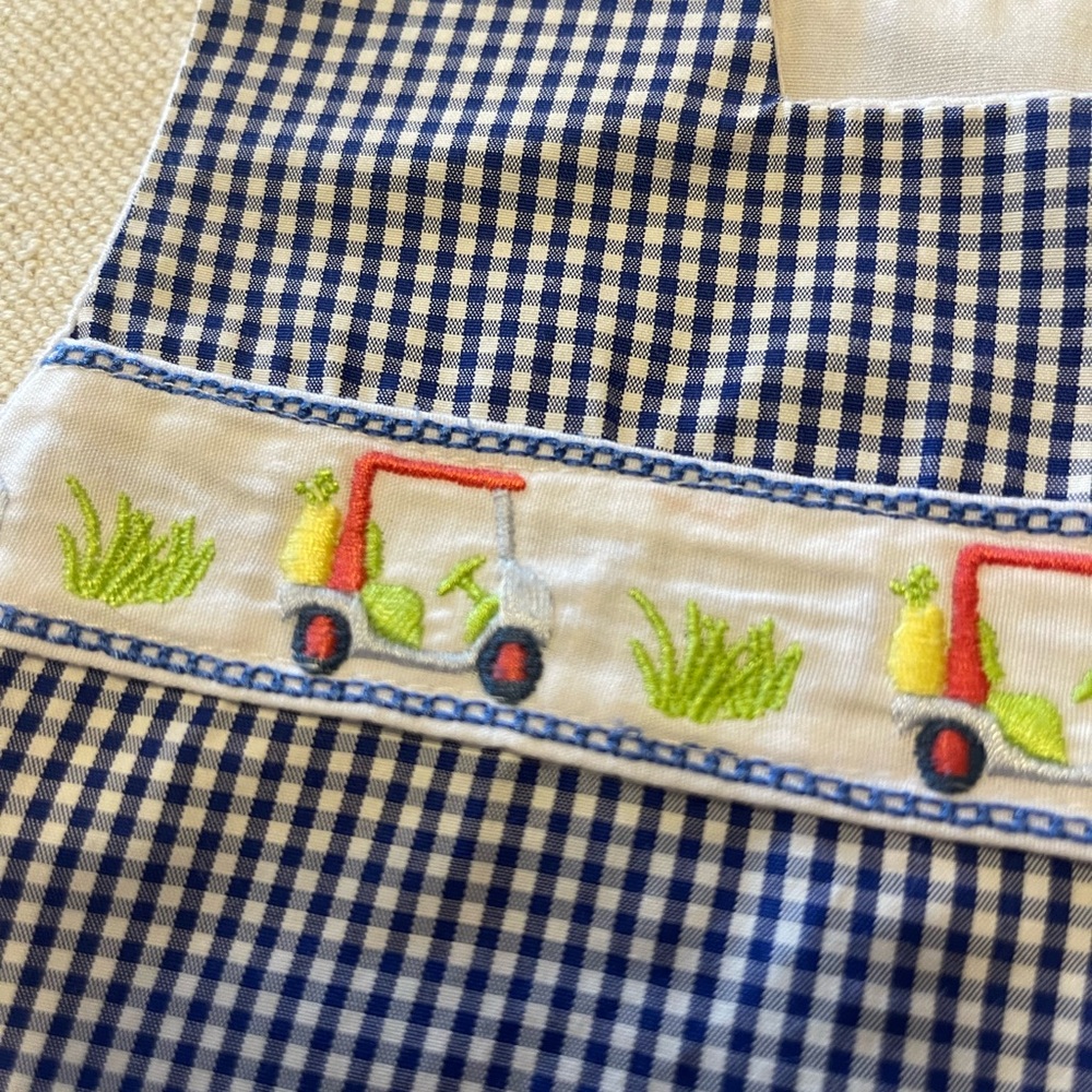 Lullaby Jon Jon with embroidered golf carts. Blue and White Checkered Kids.